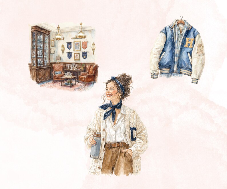 May include: Watercolor illustration featuring a woman in a white shirt, cream cardigan, and brown pants, holding a water bottle. A blue and white letterman jacket hangs above. A room with antique furniture is also depicted.