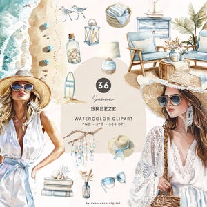 Clipart été aquarelle, pack de cliparts brise d'été, esthétique estivale neutre, plage d'été Png, graphismes de mode côtière, usage Commercial