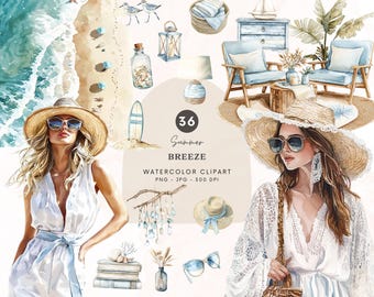 Clipart de verano en acuarela, paquete de clipart de brisa de verano, estética veraniega neutra, PNG de playa de verano, gráficos de moda costera, uso comercial