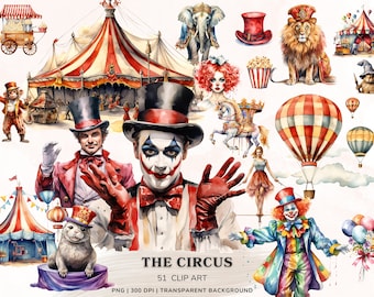 Watercolor Circus Clipart Bundle, Vintage Circus Png Graphics, Circus Carnival, Circus Tent, Circus Animal Png, Acrobat, Clown Png Clipart