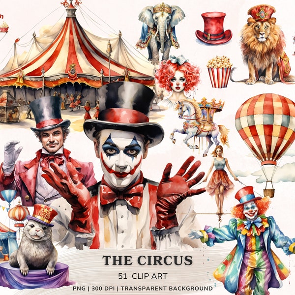 Bundle de cliparts aquarelle cirque, graphiques Png de cirque vintage, carnaval de cirque, chapiteau de cirque, animaux de cirque Png, acrobate, clipart Png clown