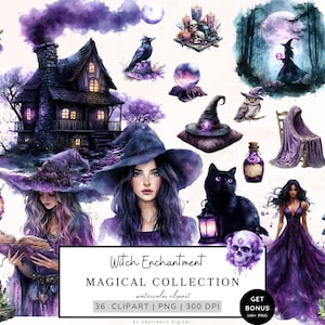 Aquarel magische clipart, heks clipart, magische heks png bundel, mystieke clipart, hekserij png, fantasie clipart, digitale download