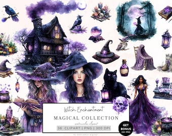 Clipart mágico de acuarela, clipart de bruja, paquete de imágenes prediseñadas de bruja mágica, clipart místico, clipart de brujería, clipart de fantasía, descarga digital