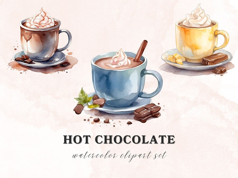 Pu&ograve; includere: Set di clipart ad acquerello di tre tazze di cioccolata calda con panna montata e pezzi di cioccolato. Le tazze sono blu, gialle e marroni. Il testo "HOT CHOCOLATE watercolor clipart set" &egrave; in basso nell'immagine.