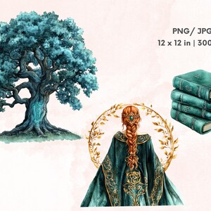 K&ouml;nnte beinhalten: Eine Aquarell-Illustration einer Frau in einem gr&uuml;n-goldenen Kleid, die vor einem goldenen Kranz steht. Sie hat langes rotes Haar und tr&auml;gt eine Krone. Im Hintergrund befindet sich ein gro&szlig;er blauer Baum mit einem wirbelnden Muster. Das Bild ist 12 Zoll mal 12 Zoll gro&szlig; und hat 300 DPI.