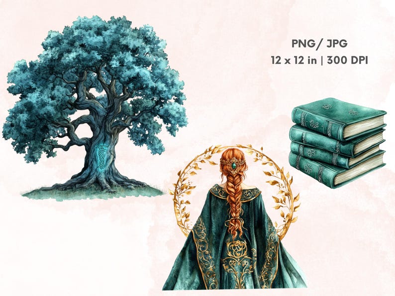 K&ouml;nnte beinhalten: Eine Aquarell-Illustration einer Frau in einem gr&uuml;n-goldenen Kleid, die vor einem goldenen Kranz steht. Sie hat langes rotes Haar und tr&auml;gt eine Krone. Im Hintergrund befindet sich ein gro&szlig;er blauer Baum mit einem wirbelnden Muster. Das Bild ist 12 Zoll mal 12 Zoll gro&szlig; und hat 300 DPI.