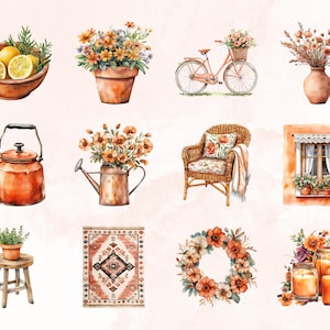 May include: Watercolor illustrations of various home decor items, including a bicycle, a teapot, a wreath, a rug, a chair, a window, a vase of flowers, a potted plant, and a bowl of lemons.