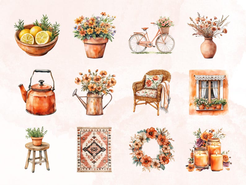 May include: Watercolor illustrations of various home decor items, including a bicycle, a teapot, a wreath, a rug, a chair, a window, a vase of flowers, a potted plant, and a bowl of lemons.