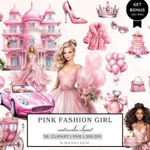 Clipart acquerello rosa moda ragazza, clipart bambola ragazza rosa, clipart principessa, bundle di clipart Cottagecore, supporti misti, download digitale