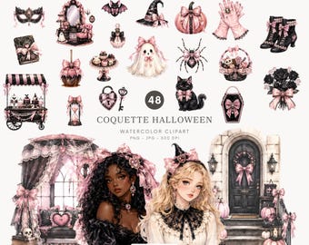 Aquarell-Halloween-Cliparts mit kokettem Motiv, pinkfarbenes Gothic-PNG, niedliche Hexengrafiken, gruselige Schleifen-Cliparts – 586