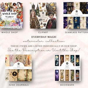 Puede incluir: Una colecci&oacute;n digital de ilustraciones de acuarela con un tema m&aacute;gico. La colecci&oacute;n incluye im&aacute;genes predise&ntilde;adas, patrones sin costuras, p&aacute;ginas de diario de chatarra y marcadores. Las ilustraciones presentan b&uacute;hos, libros, pociones y otros elementos m&aacute;gicos.