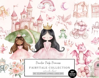Fairytale Clipart, Pink Princess Clipart, Royal Clipart, Magical Clipart, Unicorn Clipart, Watercolor Clipart Nursery Png, Digital Download