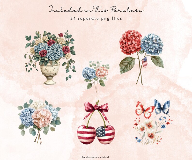 Watercolor Patriotic Summer Floral Bundle Png, 4th of July Day Png ...