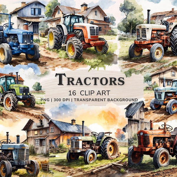 Tractor Clipart, Farm Tractor Watercolor Clipart Bundle, 16 PNG Farm Nursery Decor, Truck Clipart, Printable Graphics, Scrapbook Digital