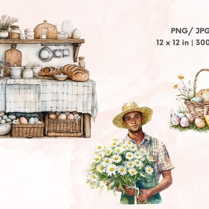 May include: A watercolor illustration of a kitchen scene with a table, shelves, and baskets filled with bread, eggs, and flowers. A man in a straw hat holds a bouquet of daisies. The image is titled "PNG/JPG 12 x 12 in | 300 DPI".
