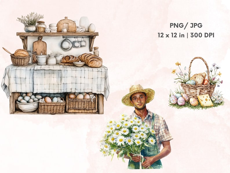May include: A watercolor illustration of a kitchen scene with a table, shelves, and baskets filled with bread, eggs, and flowers. A man in a straw hat holds a bouquet of daisies. The image is titled "PNG/JPG 12 x 12 in | 300 DPI".