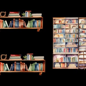 May include: Two watercolor illustrations of bookshelves filled with colorful books. The top bookshelf is a floating shelf with decorative details. The bottom bookshelf is a tall, freestanding bookshelf with a ladder.