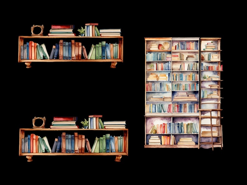 May include: Two watercolor illustrations of bookshelves filled with colorful books. The top bookshelf is a floating shelf with decorative details. The bottom bookshelf is a tall, freestanding bookshelf with a ladder.