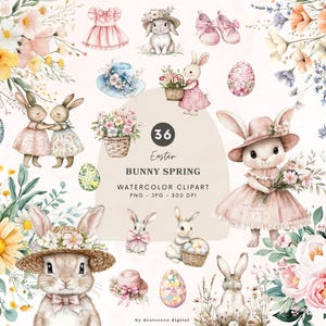 Watercolor Easter Bunny Clipart, Cute Bunny Png, Easter Graphics, Spring Floral Clipart, Pink Bunnies Graphics, Nursery Digital Download