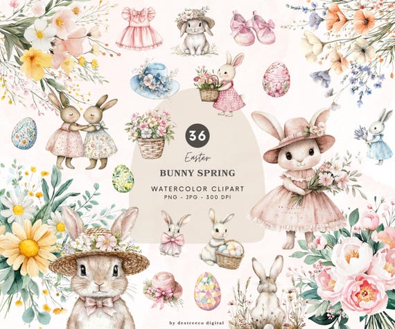 Watercolor Easter Bunny Clipart, Cute Bunny Png, Easter Graphics, Spring Floral Clipart, Pink Bunnies Graphics, Nursery Digital Download