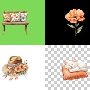 May include: A wooden bench with three floral patterned cushions, a straw hat with a floral embellishment, a white cat sleeping on an orange pillow, and a single orange poppy flower.