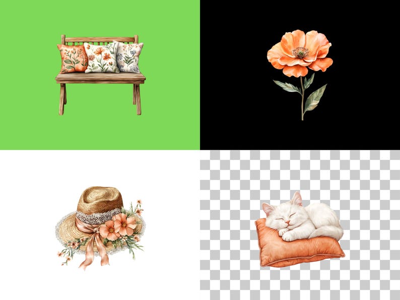 May include: A wooden bench with three floral patterned cushions, a straw hat with a floral embellishment, a white cat sleeping on an orange pillow, and a single orange poppy flower.