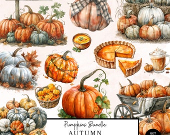 Watercolor Pumpkins Clipart Bundle, Autumn Clipart, Fall Graphics Png, Fall Clipart Png, Fall Decor Illustrations, Digital Download