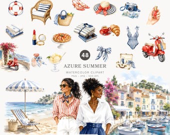 Paquete de imágenes prediseñadas de verano azul celeste, PNG de costa en acuarela, estética francesa, gráficos náuticos (descarga digital) - 557