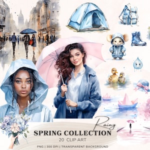 Bundle de cliparts printemps pluvieux, clipart printemps aquarelle, printemps douillet Png Art, aquarelles de filles, fleurs sauvages, autocollants numériques saisonniers