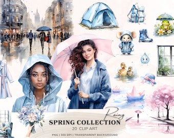 Rainy Spring Clipart Bundle, Watercolor Spring Clipart, Cozy Spring Png Art, Watercolor Girls, Wild Flowers, Seasonal Digital Stickers