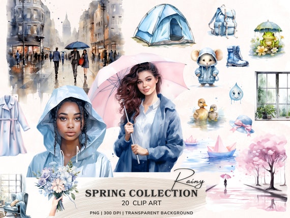 Rainy Spring Clipart Bundle, Watercolor Spring Clipart, Cozy Spring Png Art, Watercolor Girls, Wild Flowers, Seasonal Digital Stickers