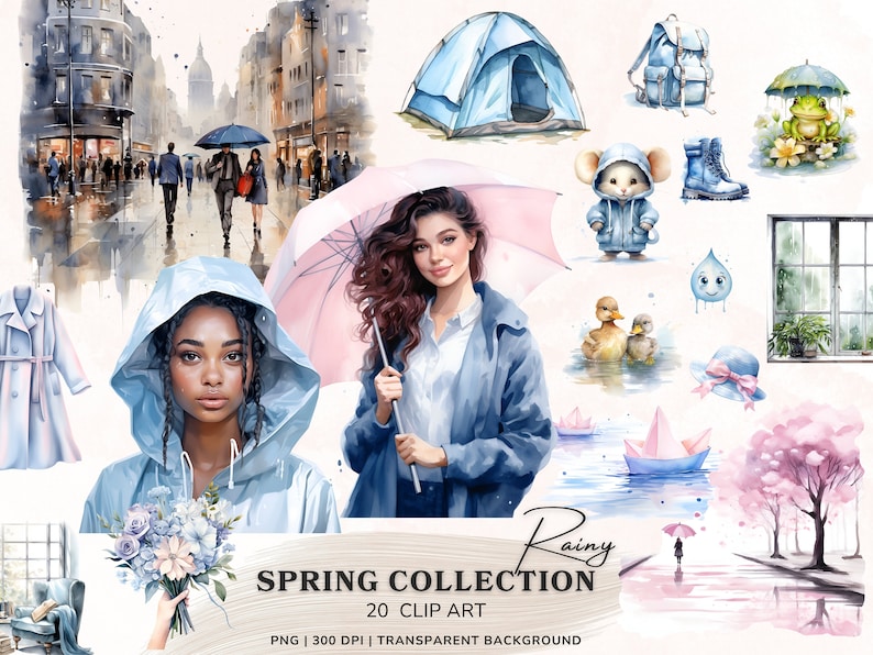 May include: A collection of 20 watercolor illustrations featuring a rainy spring theme. The illustrations include a woman holding a pink umbrella, a person walking in the rain, a duck, a frog, a tent, a backpack, a window, a bouquet of flowers, and a tree with pink blossoms. The text "Rainy Spring Collection 20 Clip Art" is included in the image.