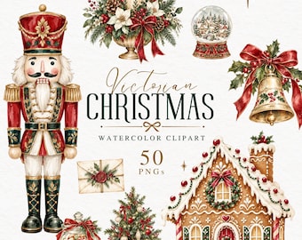 Victorian Christmas Watercolor Clipart, 50 Vintage-Inspired PNG Illustrations - 677