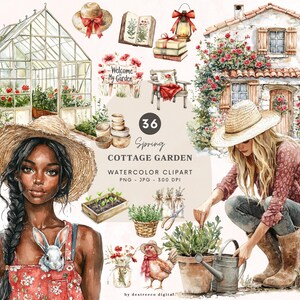 Aquarelle de printemps Cottagecore jardin des cliparts, des graphiques de printemps confortable, Png floral, esthétique du printemps, clipart cottage de printemps, téléchargement numérique