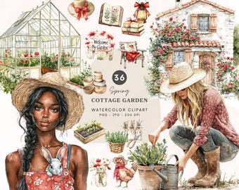 Aquarel lente cottagecore tuin clipart, gezellige lente graphics, bloemen png, lente esthetiek, lente cottage clipart, digitale download