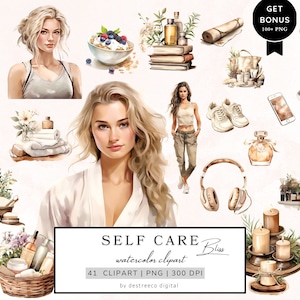Op de afbeelding: Een aquarel clipart-set met de tekst "SELF CARE Bliss" en "41 CLIPART | PNG | 300 DPI" met illustraties van kaarsen, badproducten, een vrouw die mediteert, een vrouw die make-up aanbrengt en een vrouw die ontspant met een koptelefoon.