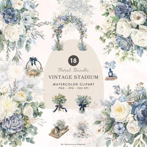May include: Watercolor clipart floral bundle featuring bouquets, wreaths, and floral arrangements in shades of white, blue, and green. The text reads "18 Floral Bundle Vintage Stadium Watercolor Clipart".