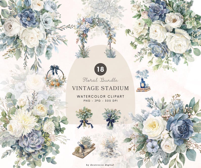 May include: Watercolor clipart floral bundle featuring bouquets, wreaths, and floral arrangements in shades of white, blue, and green. The text reads "18 Floral Bundle Vintage Stadium Watercolor Clipart".