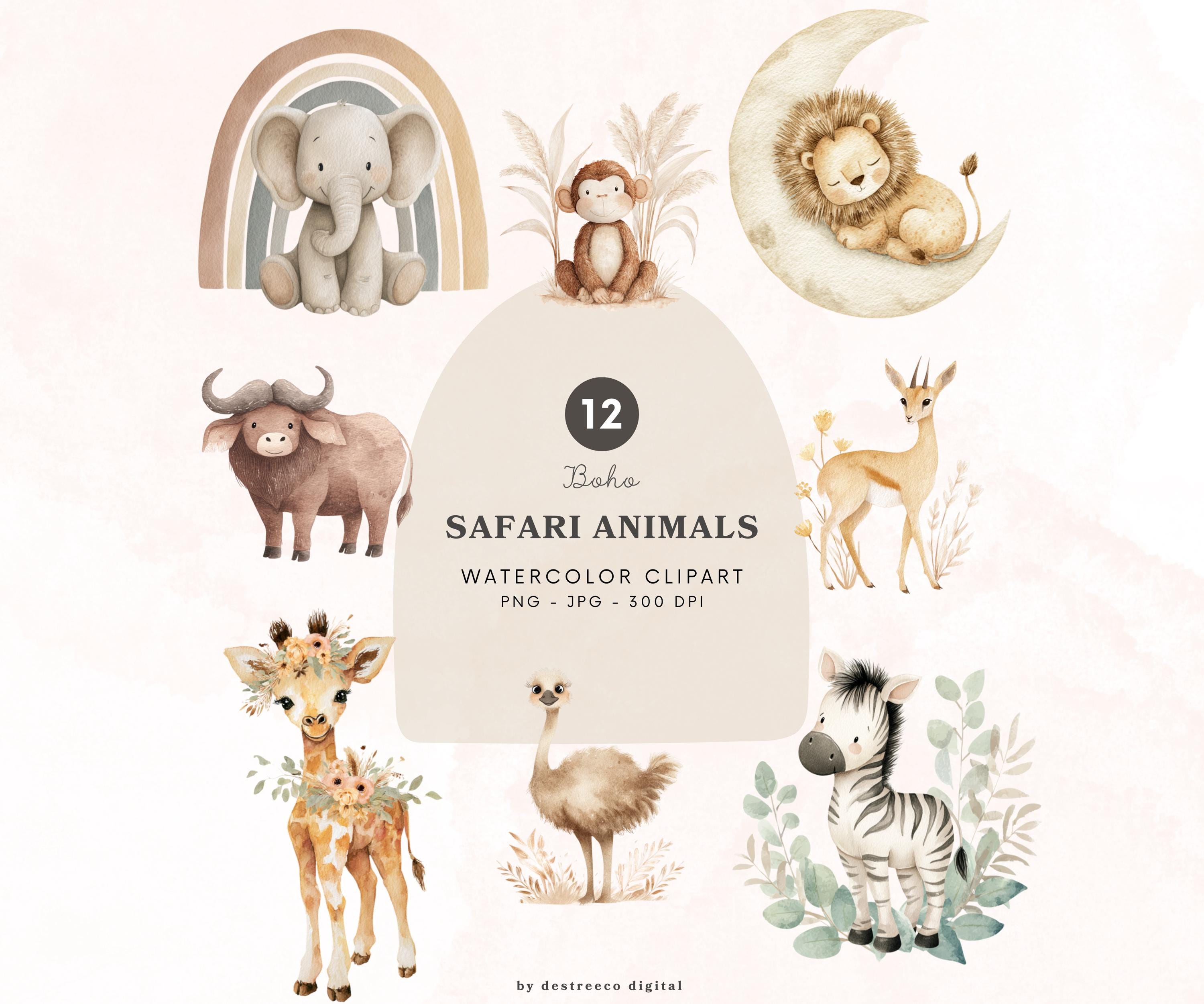 Boho Safari Animals Clipart, Cute Watercolor Jungle Animals, Lion ...