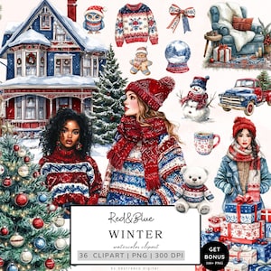 Pacchetto Clipart invernale, Clipart natalizio accogliente, Clipart invernale, Png rosso blu carino, Grafica invernale innevata, Cottagecore, Download digitale