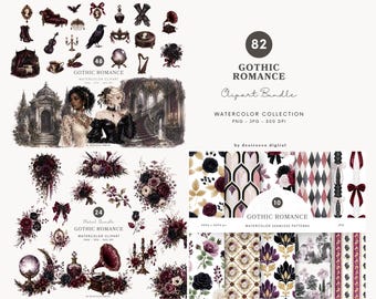 Aquarell-Clipartsammlung „Gothic Romance“, dunkle viktorianische PNG-Dateien, florale Motive für gotische Hochzeiten, nahtlose Muster, digitaler Download