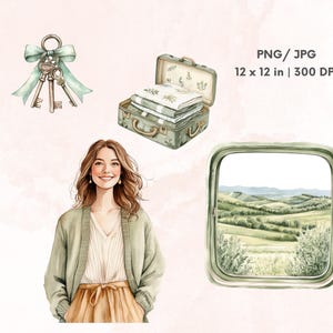 May include: Watercolor illustration featuring a woman, keys with a ribbon, a suitcase with linens, and a window with a landscape view. The image includes the text "PNG / JPG 12 x 12 in | 300 DPI". The color palette is soft, with greens, browns, and a touch of pink.