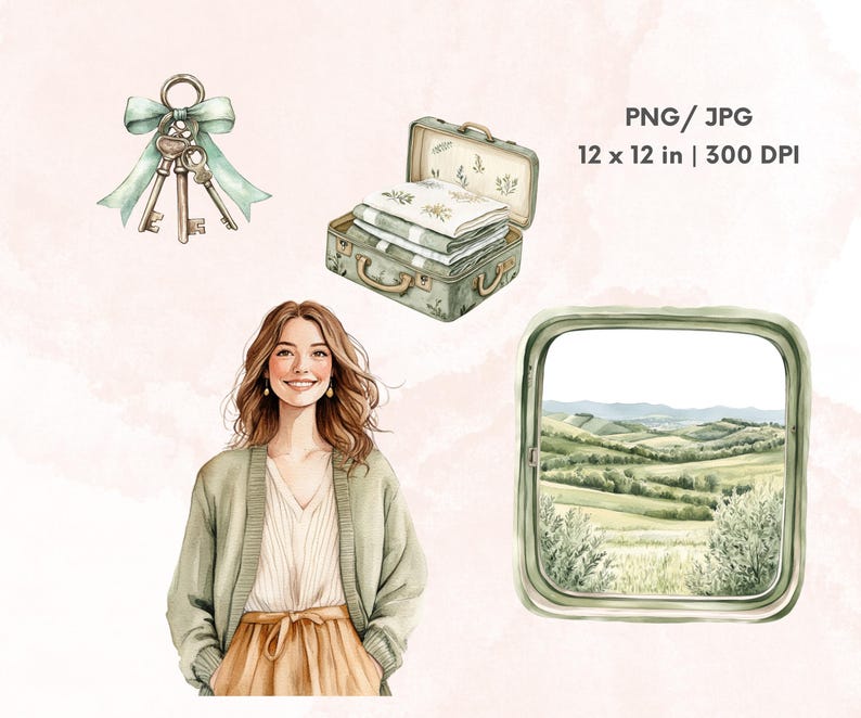 May include: Watercolor illustration featuring a woman, keys with a ribbon, a suitcase with linens, and a window with a landscape view. The image includes the text "PNG / JPG 12 x 12 in | 300 DPI". The color palette is soft, with greens, browns, and a touch of pink.