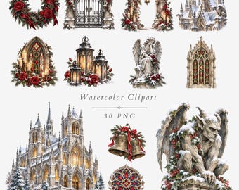 Gothic Christmas Cathedral Watercolor Clipart, Dark Winter PNG Bundle - 662