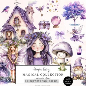 Watercolor Magical Clipart, Purple Fairy Clipart, Magic Fairy Png, Mystical Clipart, Gnome Png, Fantasy Clipart, Unicorn, Digital Download