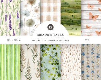 Wzory bezszwowe Watercolor Meadow Tales, papier cyfrowy Cottagecore, wzory vintage, powtarzający się wzór, papier do scrapbookingu, pobieranie cyfrowe