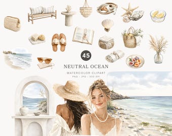 Paquete de imágenes prediseñadas de océano neutro en acuarela, gráficos de chica playera de verano, PNG costero (descarga digital) - 545