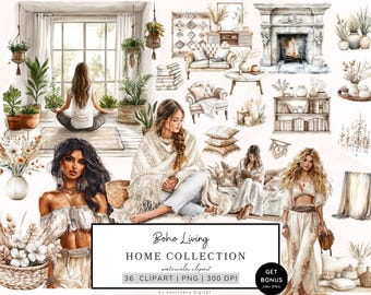 Watercolor Boho Living Clipart, Cozy Cottagecore Clipart, Boho Life Png Bundle, Bohemian Clipart, Sofa, Fireplace, Plants, Planner Girl Png