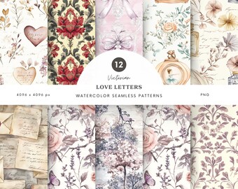 Victorian Seamless Patterns, Victorian Love Letters Digital Paper, Vintage Patterns, Repeating Pattern, Scrapbook Paper, Digital Download