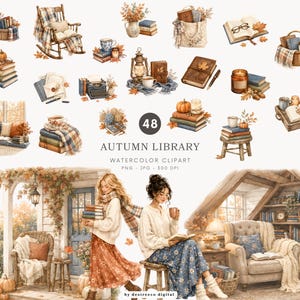 Può includere: Set di clipart ad acquerello intitolato "Autumn Library" con varie illustrazioni a tema autunnale. Include pile di libri, zucche, tazze da tè, una sedia a dondolo e due donne che leggono. Il testo "Autumn Library" è visibile.